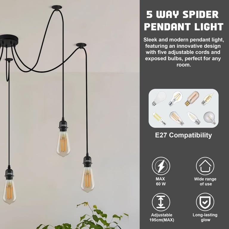 Black Pendant Light Spider with Multi-Layer Anti-Corrosion Paint and Adjustable Hanging Wires