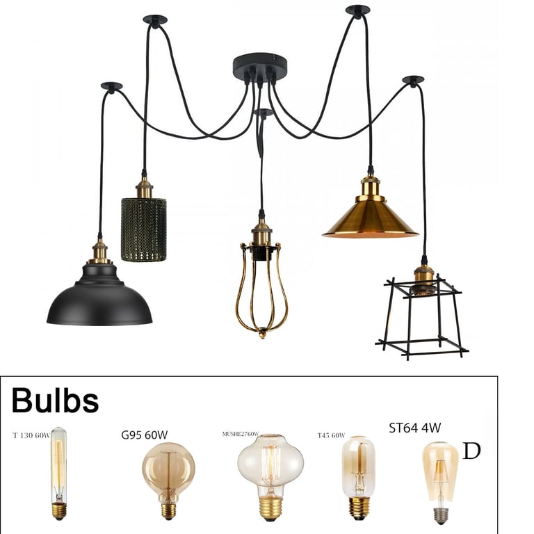 5 Way Vintage Ceiling Spider Hanging Lights - Multi-Head Pendant Light with Adjustable Wires and E27 Bulb Compatibility