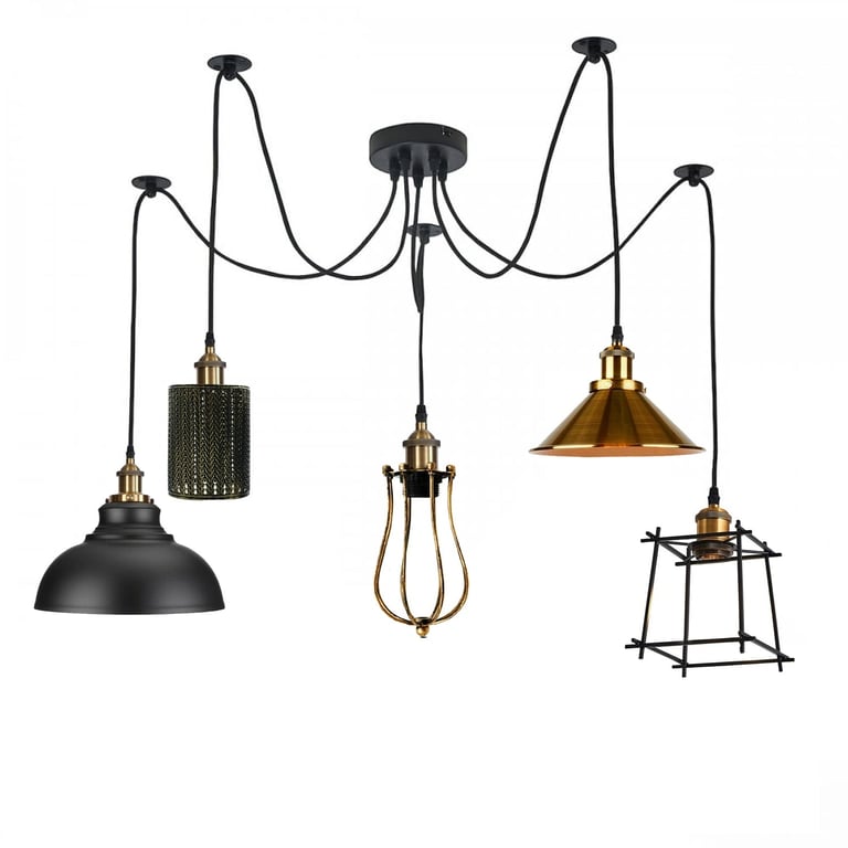 Vintage 5-Way Multi-Head Adjustable Hanging Ceiling Lights E27 Bulb Compatible Industrial Style Decorative Fixture