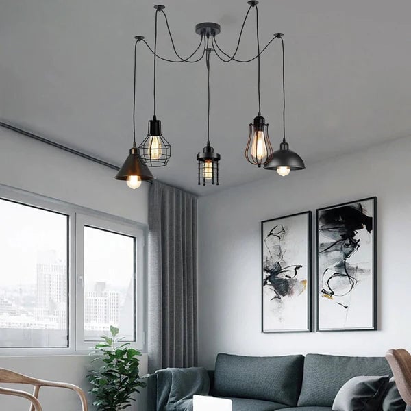 Vintage Metal 5-Way Ceiling Spider Hanging Lights - Industrial Style Adjustable Pendant Lighting