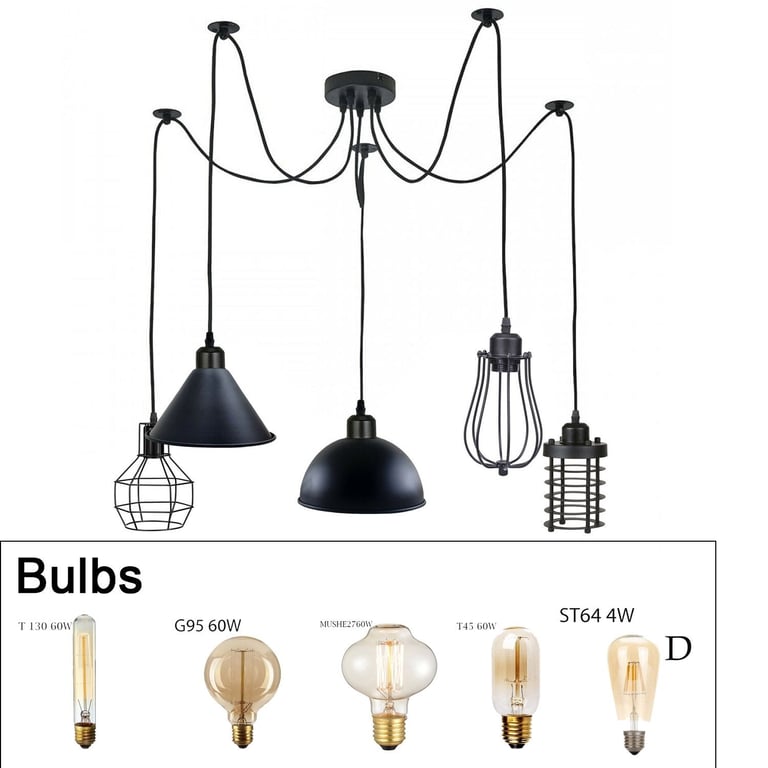 Vintage Metal 5-Way Ceiling Spider Hanging Lights - Industrial Style Adjustable Pendant Lighting
