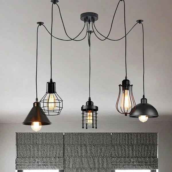 Vintage Metal 5-Way Ceiling Spider Hanging Lights - Industrial Style Adjustable Pendant Lighting