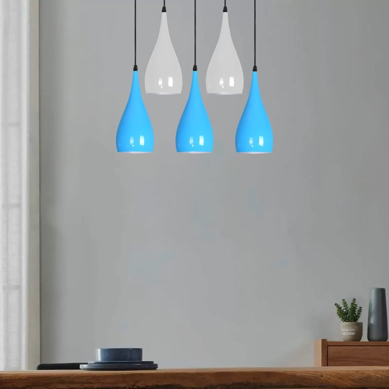 Industrial Hanging Lamp - 5 Way Ceiling Pendant Light with Adjustable Cord Length and High Gloss Finish