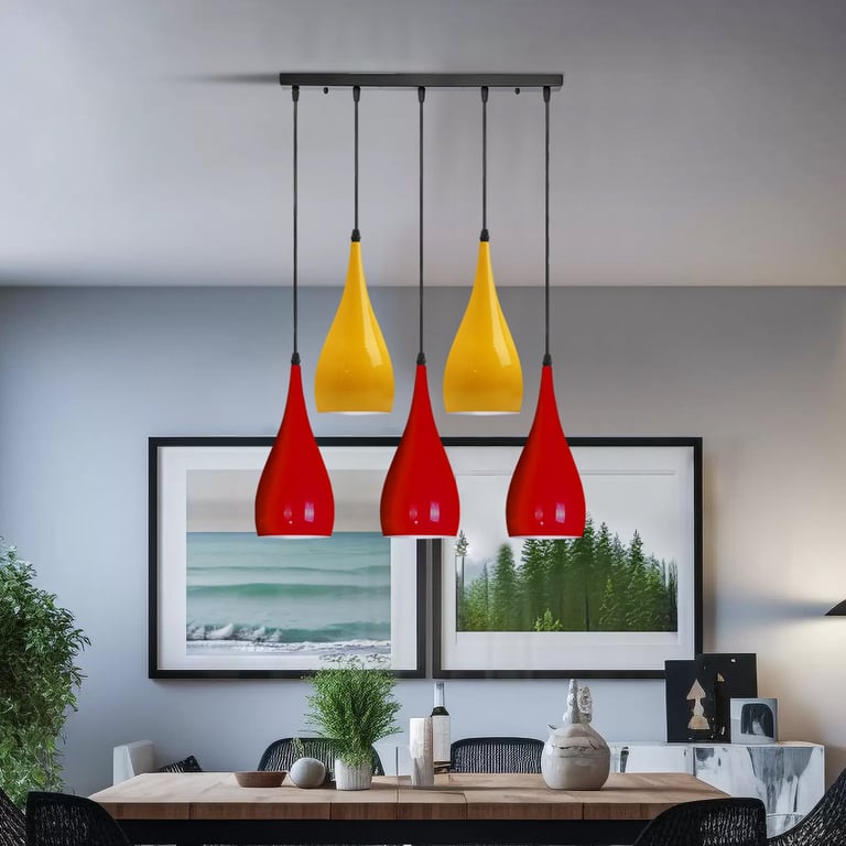 5 Way Industrial Pendant Light - Minimalist High Gloss Finish Hanging Lamp