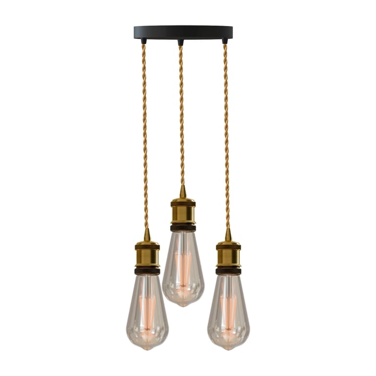 Industrial 3-Light Pendant with Brass Holder E27 Compatible Lighting Fixture