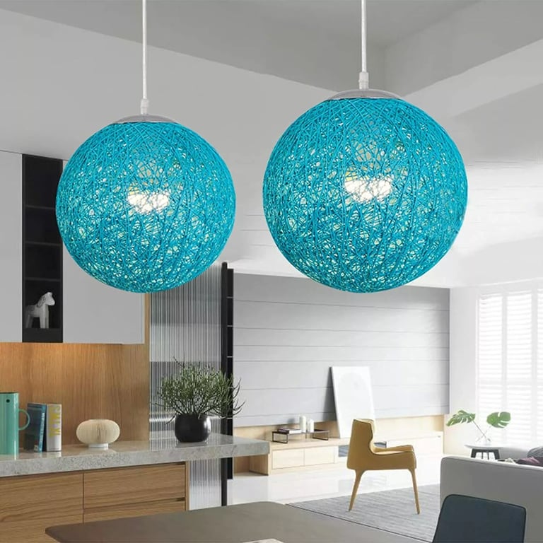 Blue Rattan Pendant Light 2-Head E27 Hanging Lamp
