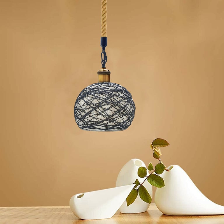 Vintage Rope Rattan Woven Pendant Lamp - Industrial Style E27 Base Light with Hemp Rope