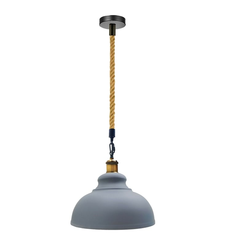 Grey Industrial Pendant Shade - Vintage Retro Style Metal Lampshade with Hemp Wire & Modern Loft Decor Lighting