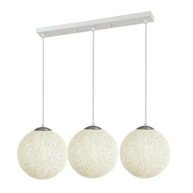 White Multi Outlet Rattan Wicker Globe Pendant Light - 3-Pack E27 Socket Lamp Shade