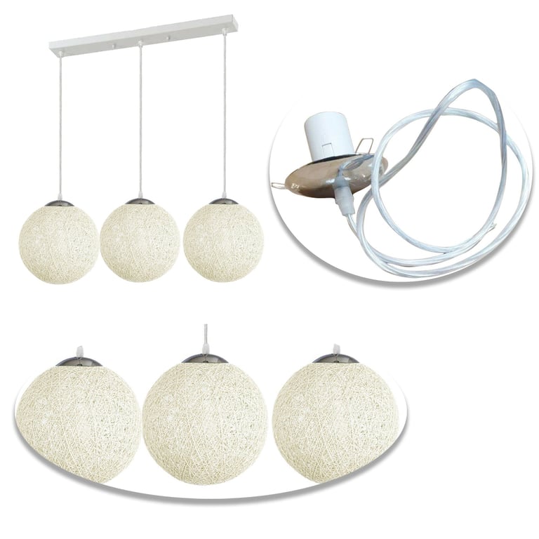 White Multi Outlet Rattan Wicker Globe Pendant Light - 3-Pack E27 Socket Lamp Shade