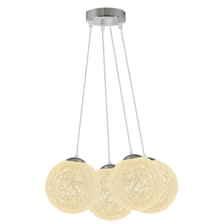 Cream Rattan Wicker 4-Outlet Ball Globe Pendant Lampshade - Easy Installation Home Lighting Solution