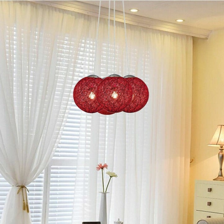 Rattan Wicker Pendant Lampshade with 4 Outlets and Red Globe Shade