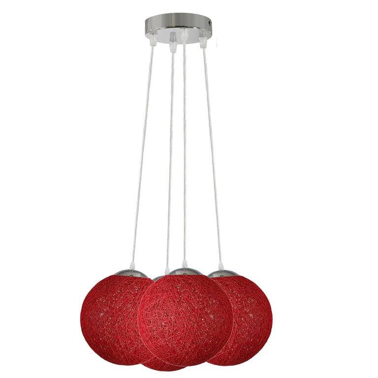 Rattan Wicker Pendant Lampshade with 4 Outlets and Red Globe Shade