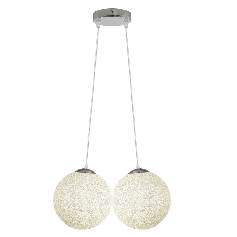White Rattan Wicker Woven Globe Pendant Lampshade with 2 Outlets and E27 Socket Compatibility