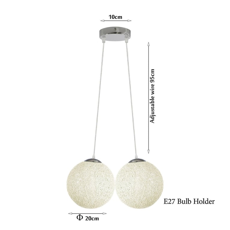 White Rattan Wicker Woven Globe Pendant Lampshade with 2 Outlets and E27 Socket Compatibility