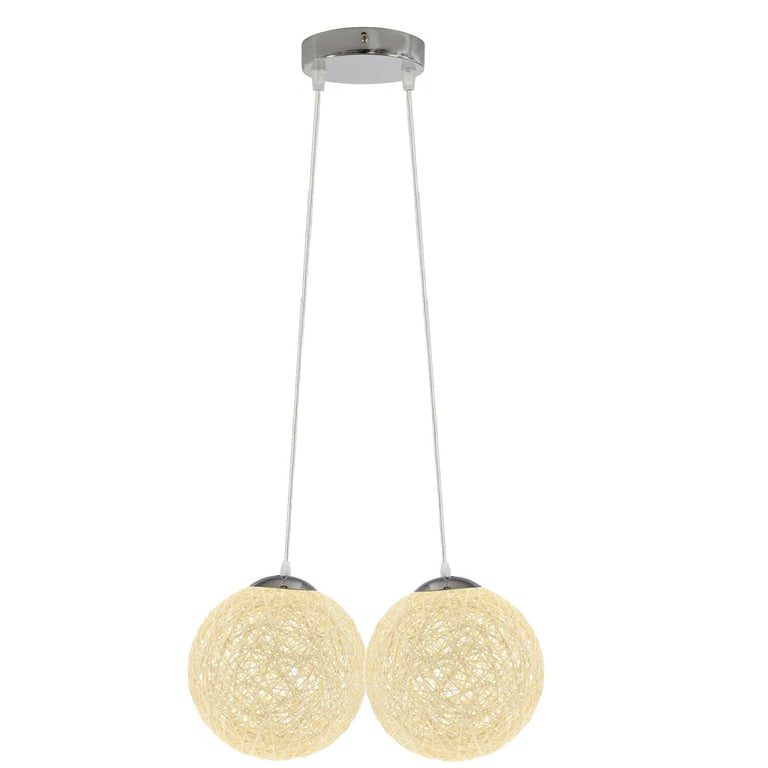 Cream Rattan Wicker Globe Pendant Lampshade - E27 Socket, 2 Outlet, Home Decor Lighting Fixture