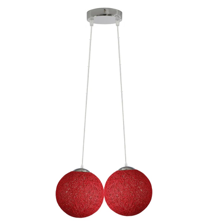 Rattan Wicker Red Globe Pendant Lampshade - Easy Installation 2 Outlet Light Fixture