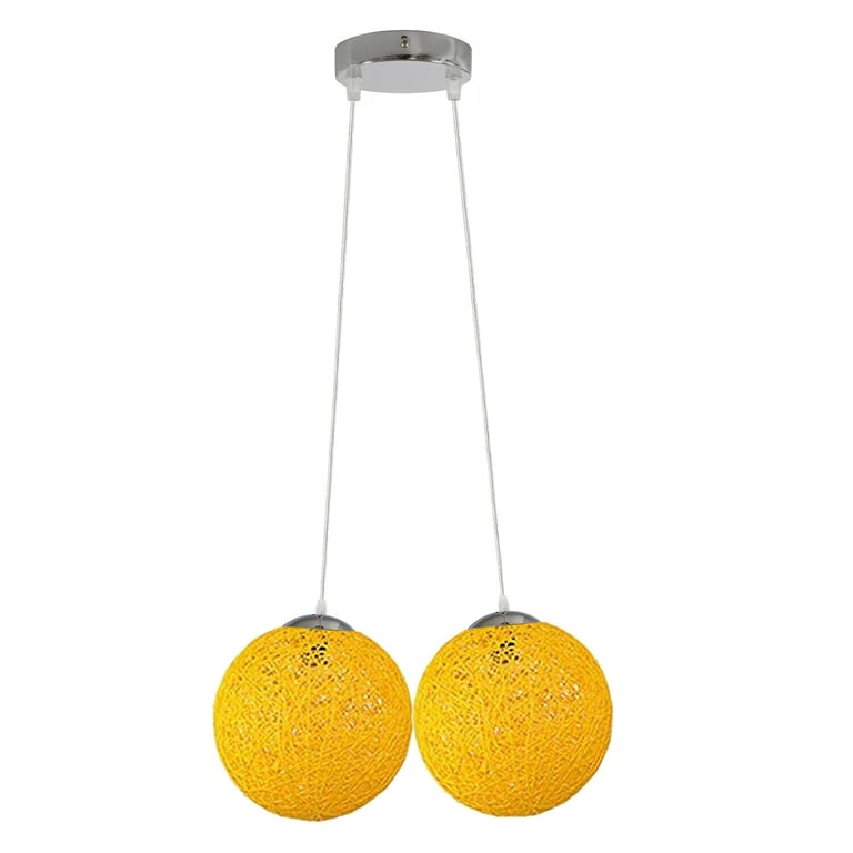 Rattan Wicker Yellow Woven Ball Globe Two Outlet Pendant Lampshade
