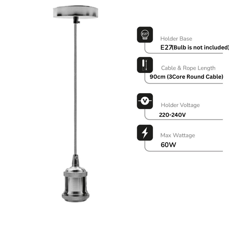 Chrome Pendant Light Fitting - Vintage E27 Bulb Holder with 90cm Cable and Rustic Finish Ceiling Rose