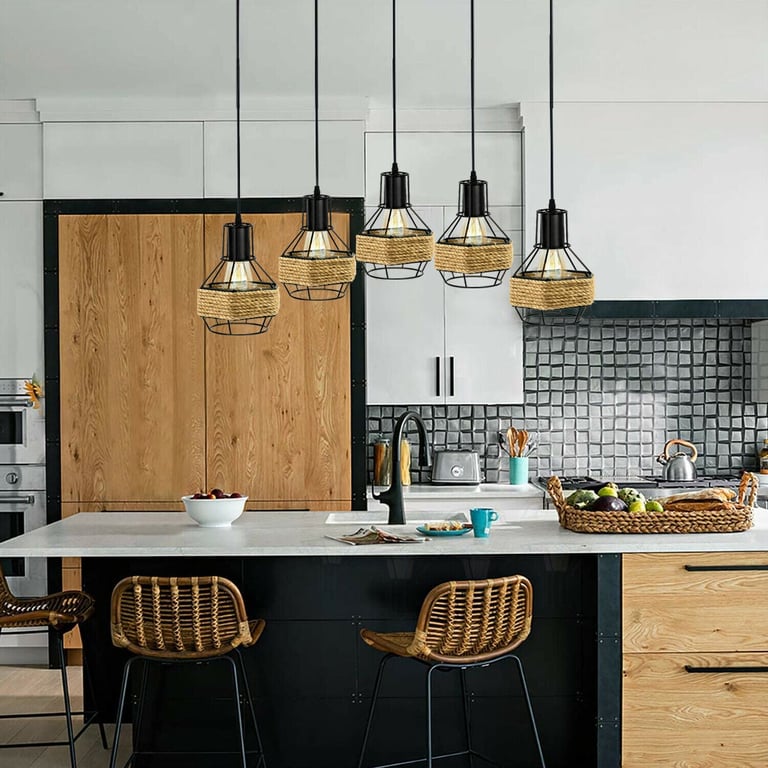 Industrial Hemp Rope Chandelier - Modern 5 Head Metal Ceiling Pendant Light for Kitchen Island & Restaurant Lighting Fixtures