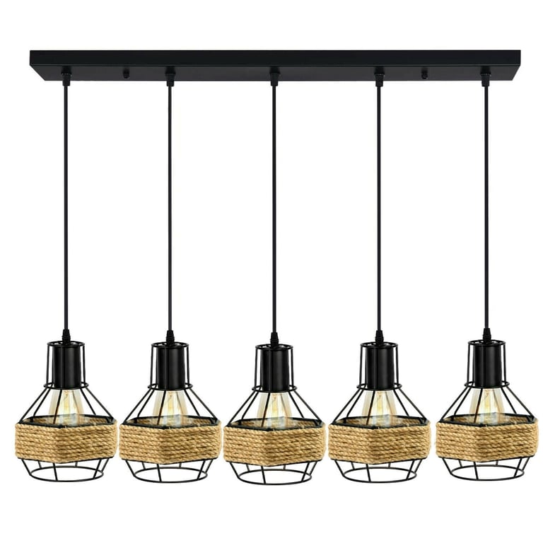 Industrial Hemp Rope Chandelier - Modern 5 Head Metal Ceiling Pendant Light for Kitchen Island & Restaurant Lighting Fixtures