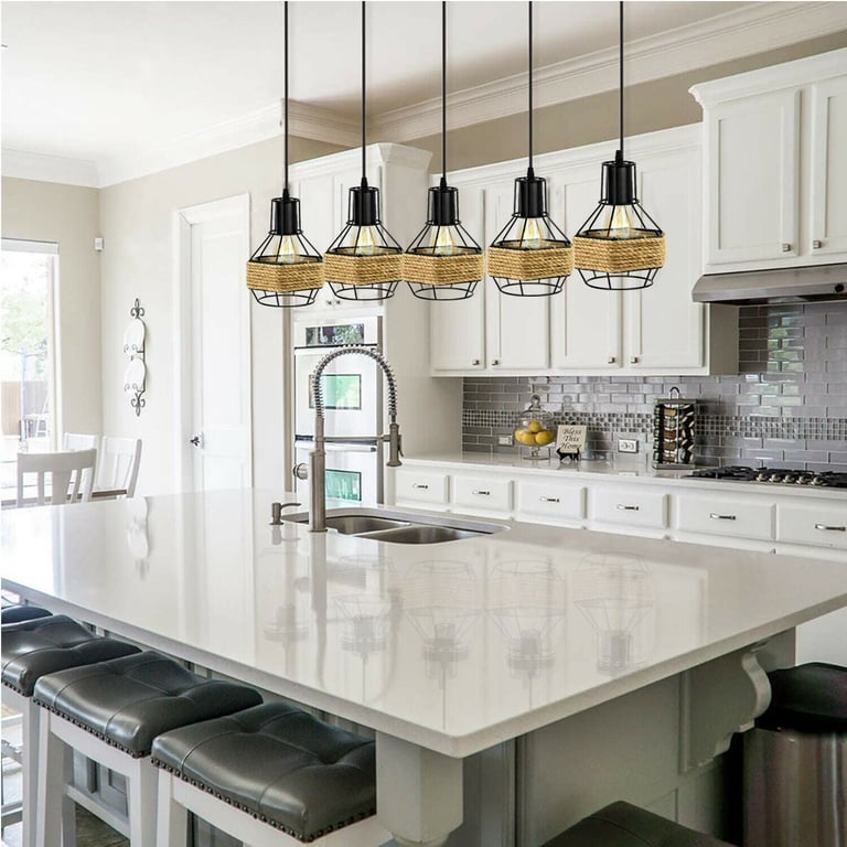 Industrial Hemp Rope Chandelier - Modern 5 Head Metal Ceiling Pendant Light for Kitchen Island & Restaurant Lighting Fixtures