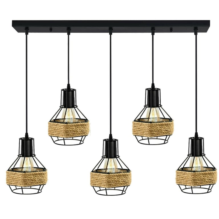 Industrial Hemp Rope Chandelier - Modern 5 Head Metal Ceiling Pendant Light for Kitchen Island & Restaurant Lighting Fixtures