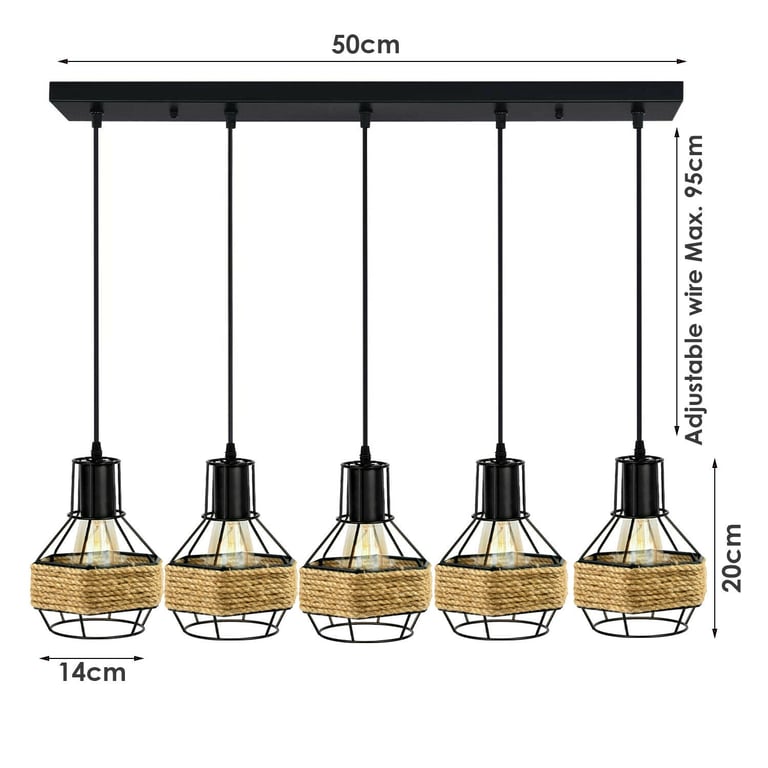 Industrial Hemp Rope Chandelier - Modern 5 Head Metal Ceiling Pendant Light for Kitchen Island & Restaurant Lighting Fixtures
