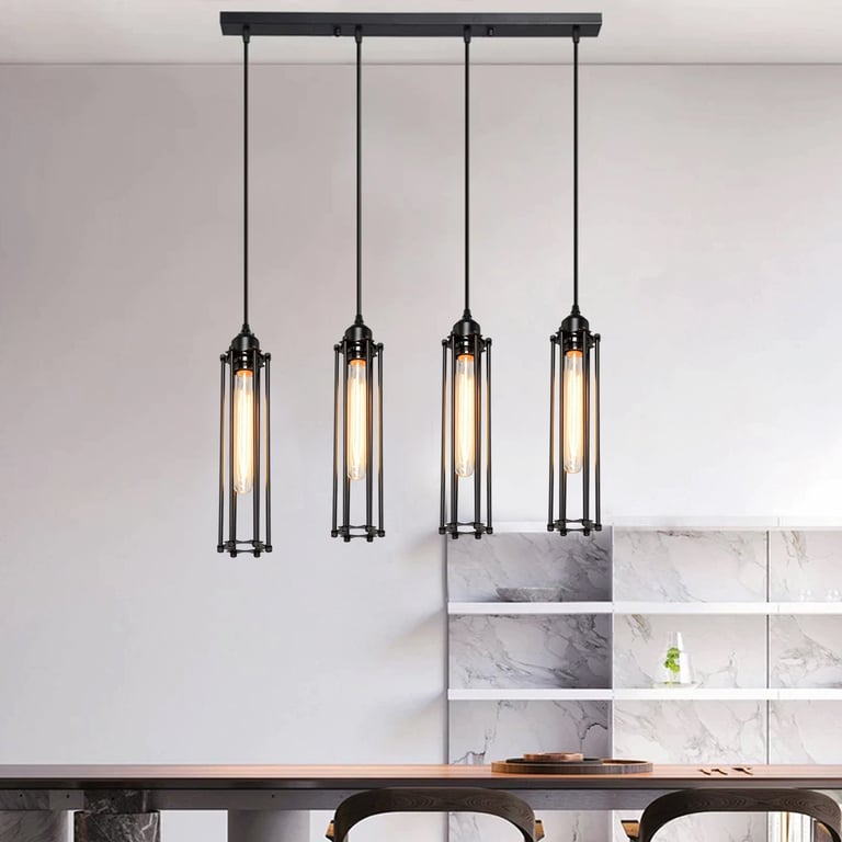 Black Industrial Cage 4-Light Ceiling Pendant - Rustic Charm and Modern Style