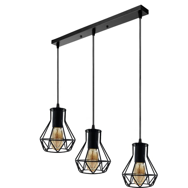 Industrial Metal 3 Head Rectangle Base Ceiling Pendant Light - E27 Lamp Base, Black Cage Design