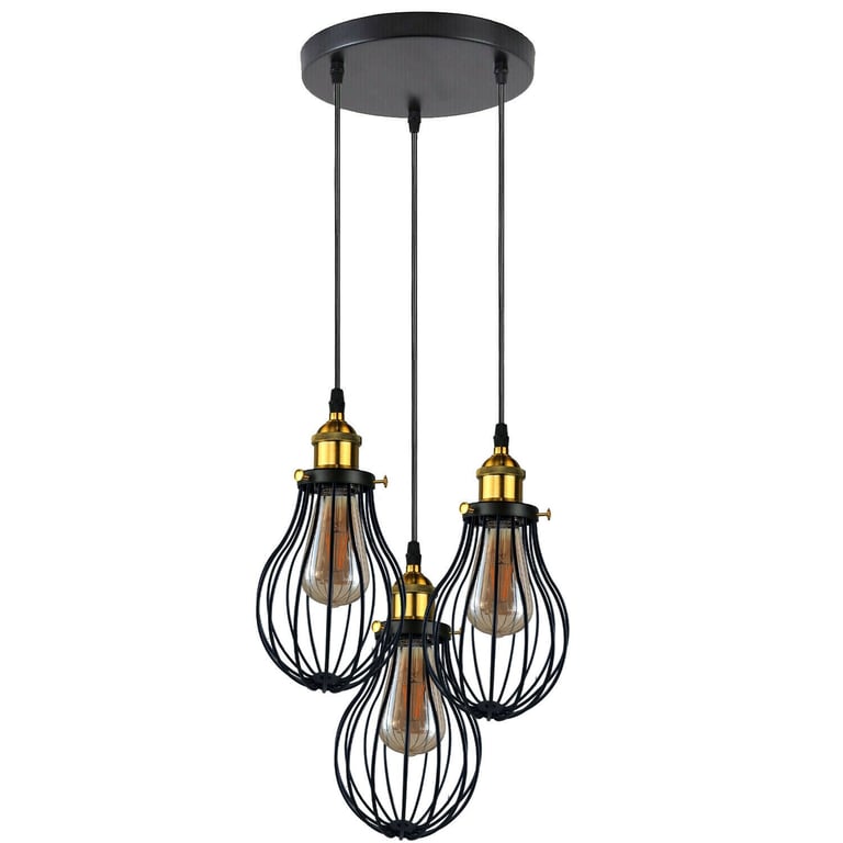 Industrial 3 Heads Black Pendant Light Decorative Cage Fixture E27 Lamp Base
