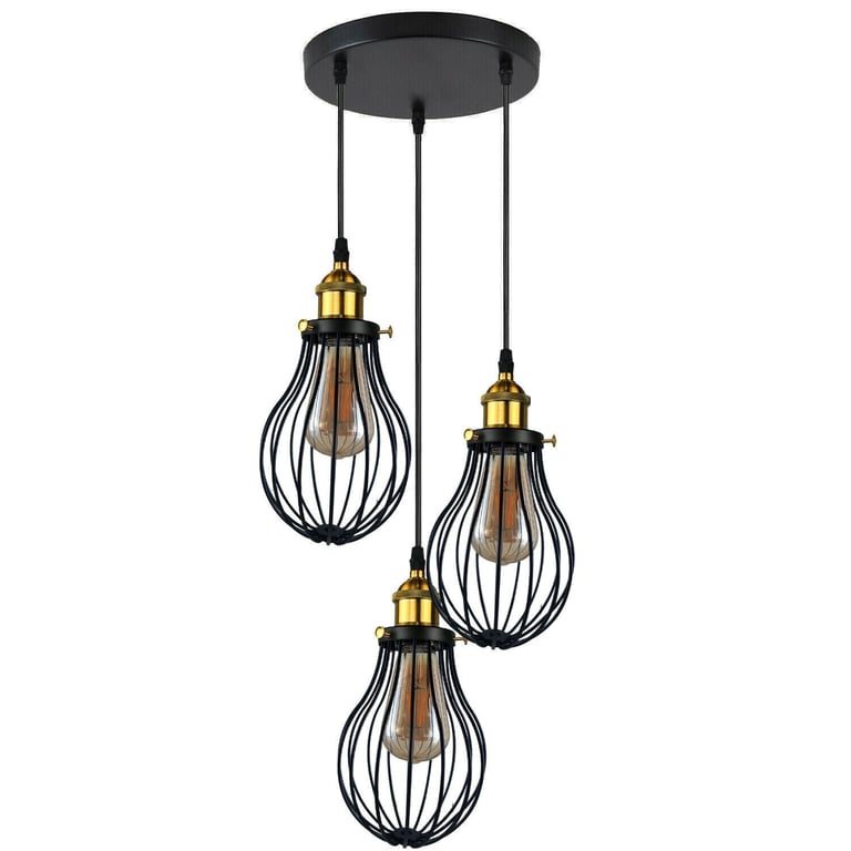 Industrial 3 Heads Black Pendant Light Decorative Cage Fixture E27 Lamp Base