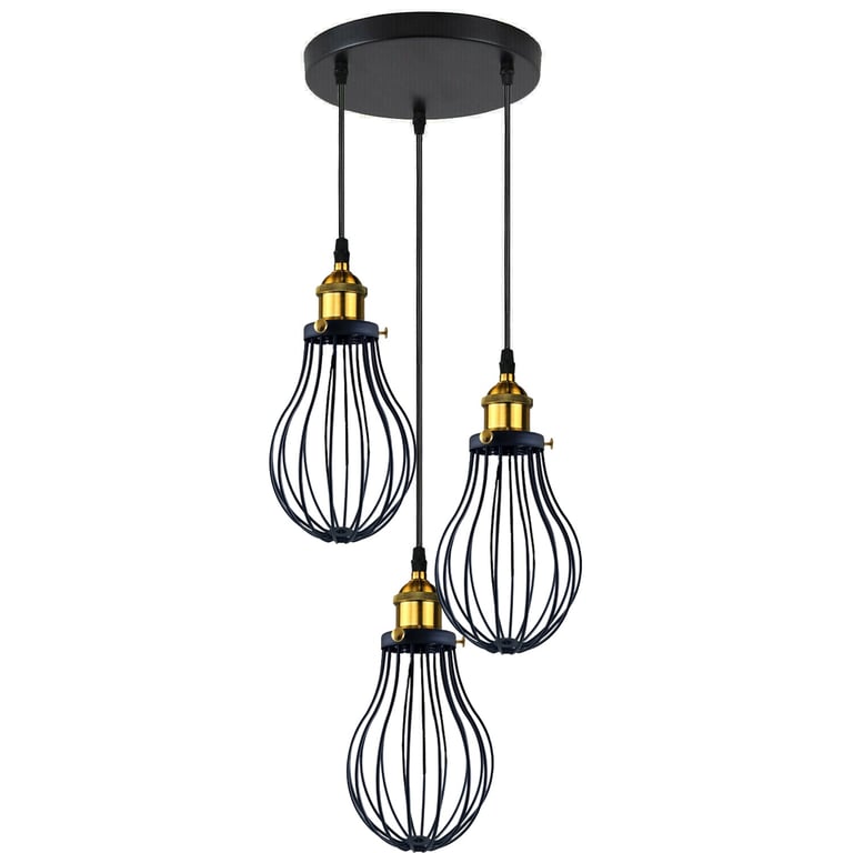 Industrial 3 Heads Black Pendant Light Decorative Cage Fixture E27 Lamp Base