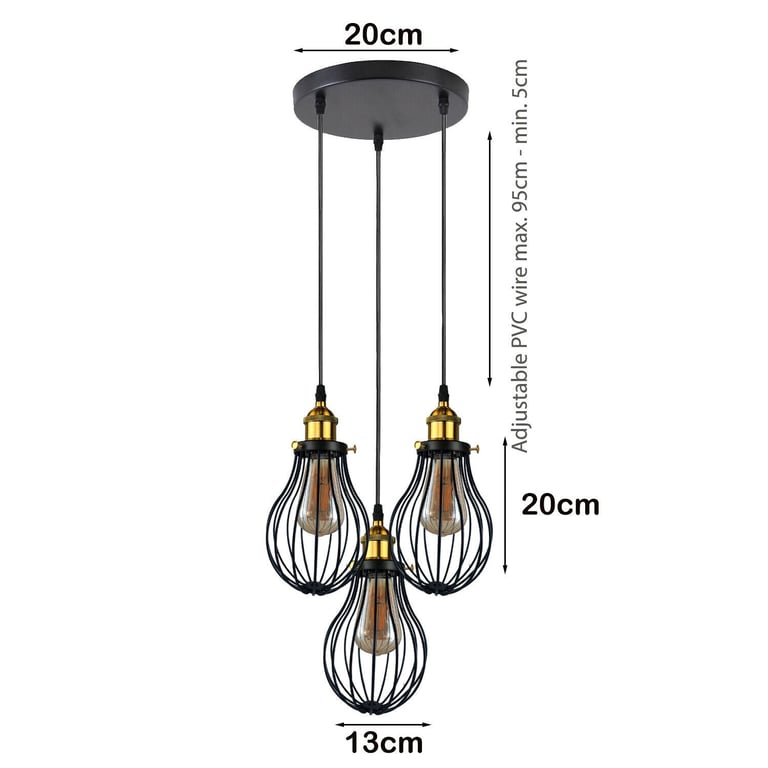 Industrial 3 Heads Black Pendant Light Decorative Cage Fixture E27 Lamp Base