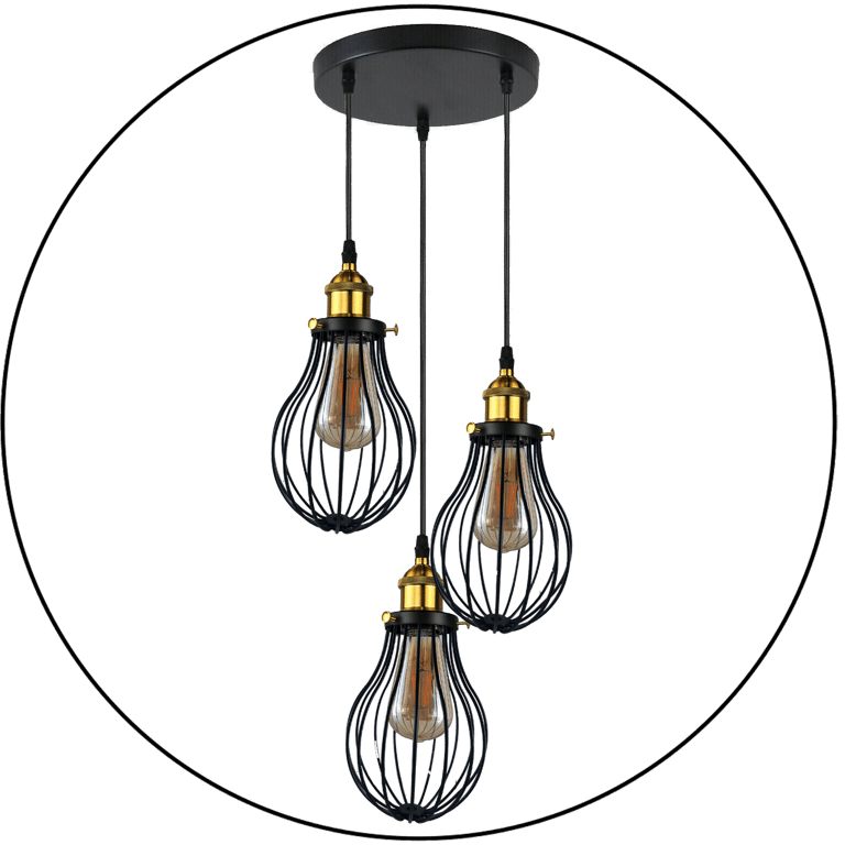 Industrial 3 Heads Black Pendant Light Decorative Cage Fixture E27 Lamp Base