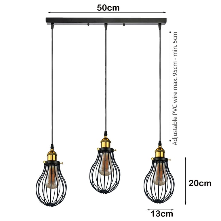 Industrial 3 Way Hanging Pendant Light - Decorative Cage Fixture for Home Decor Lighting