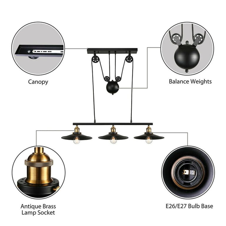 Vintage Industrial 3-Light Pendant Light Fixture with Adjustable Hanging System