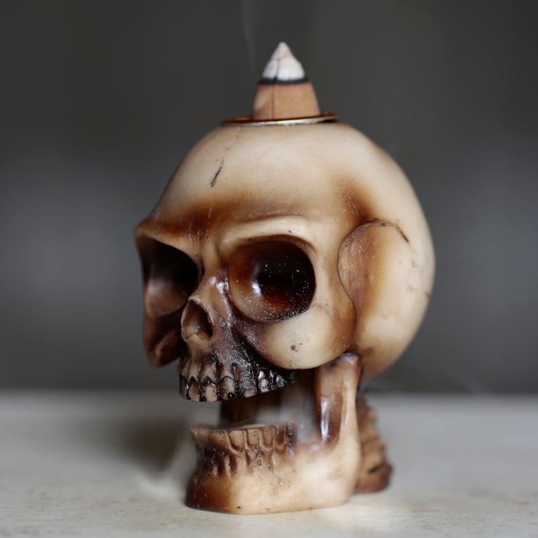 Resin Small Skull Backflow Incense Burner - 30 Minute Burning Time for Halloween Decorations