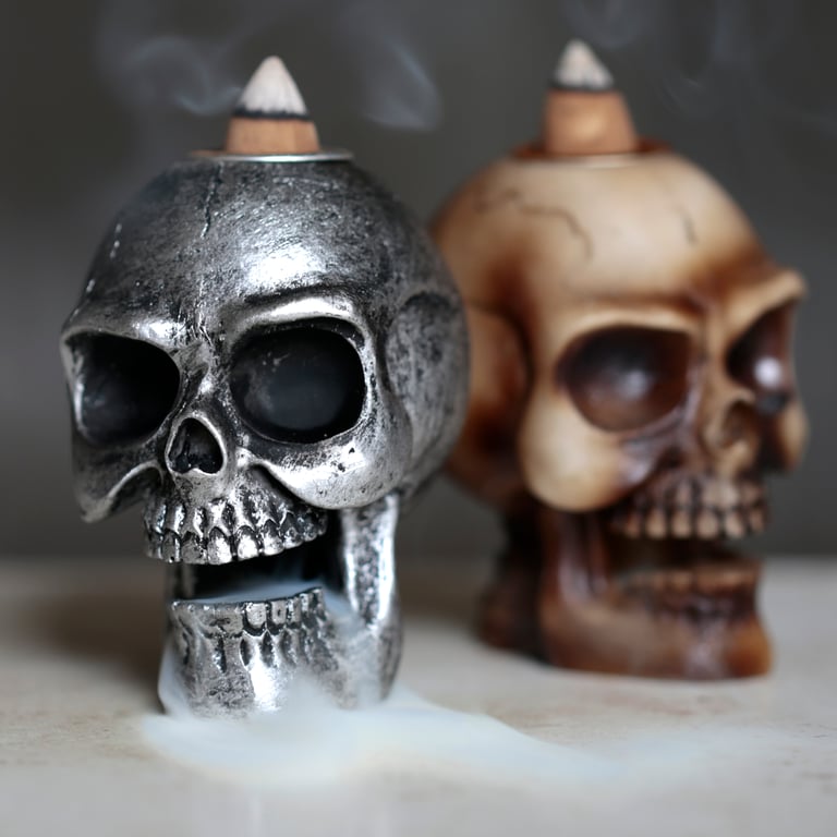 Resin Small Skull Backflow Incense Burner - 30 Minute Burning Time for Halloween Decorations