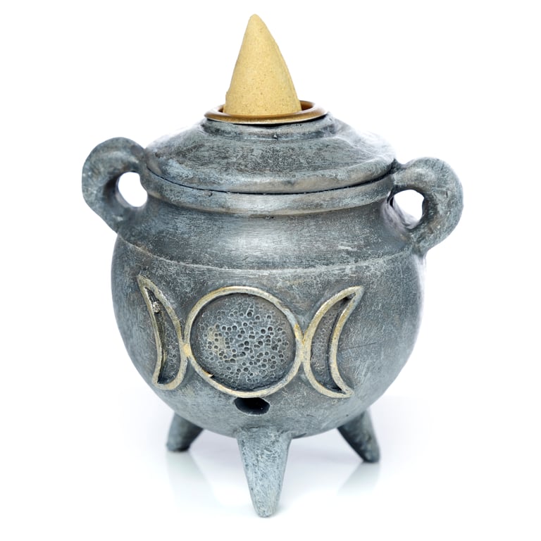 Backflow Incense Burner - Magic Cauldron Resin and Metal, 30 Minute Halloween Burner for Backflow Cones