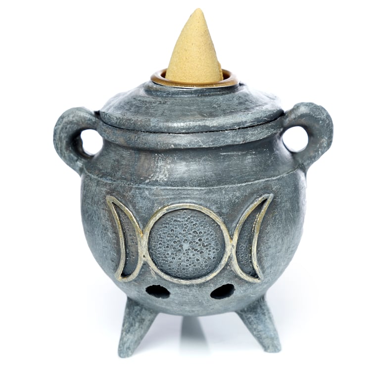 Backflow Incense Burner - Magic Cauldron Resin and Metal, 30 Minute Halloween Burner for Backflow Cones