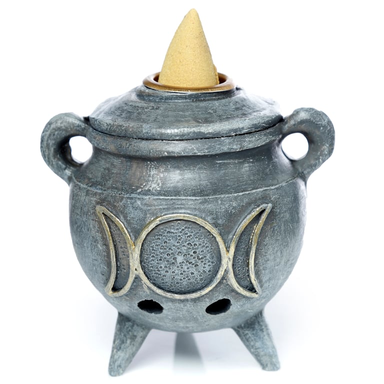 Backflow Incense Burner - Magic Cauldron Resin and Metal, 30 Minute Halloween Burner for Backflow Cones