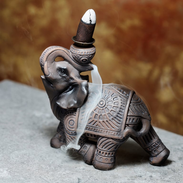 Peace of the East Wood Effect Elephant Backflow Incense Burner - Resin & Metal Construction, 30 Minute Burn Time