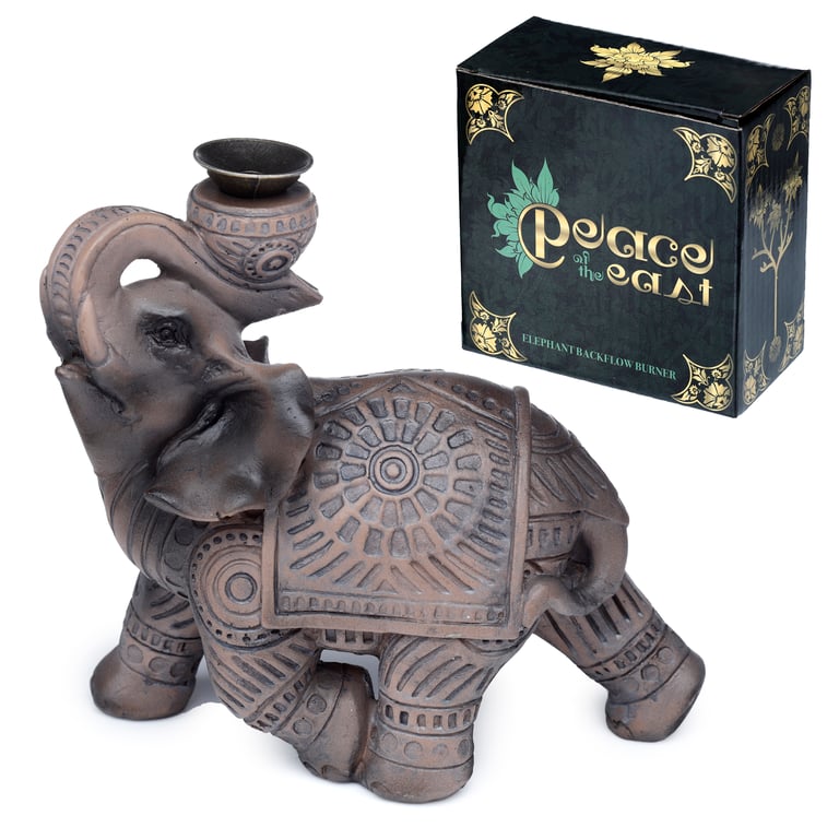 Peace of the East Wood Effect Elephant Backflow Incense Burner - Resin & Metal Construction, 30 Minute Burn Time