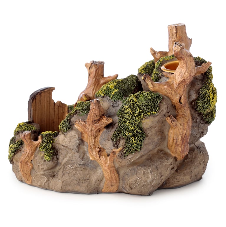 Ancient Woodland Secret Cave Backflow Incense Burner - Resin & Metal, 30-Minute Burn Time