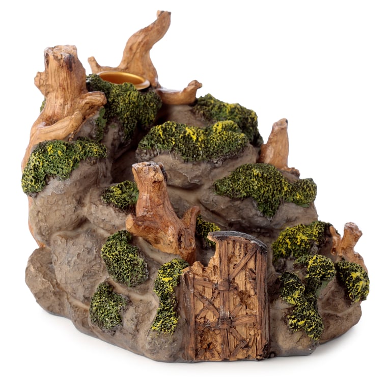 Ancient Woodland Secret Cave Backflow Incense Burner - Resin & Metal, 30-Minute Burn Time