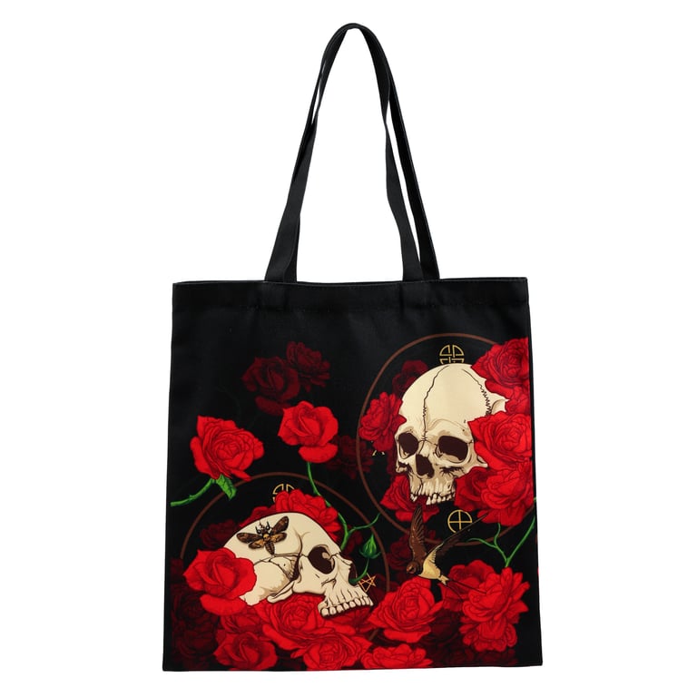 Skulls and Roses Polyester Reusable Tote Bag with Durable Polypropylene Handles