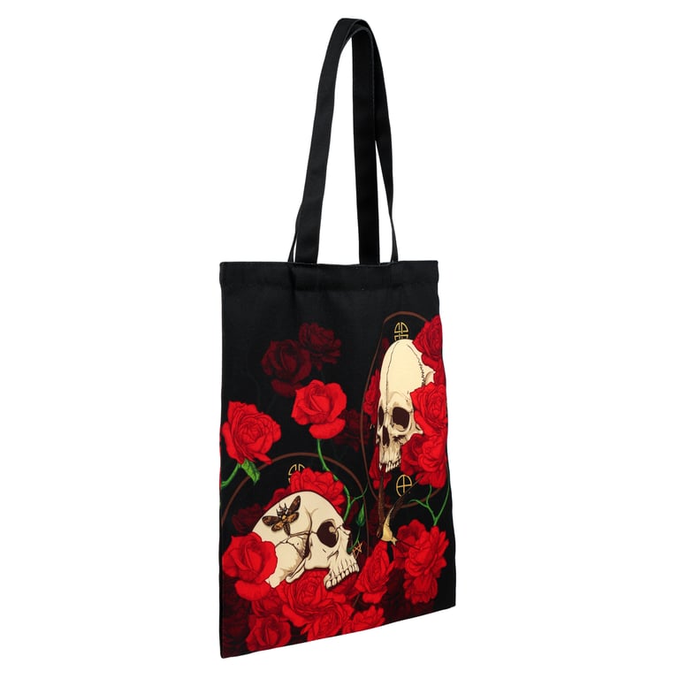 Skulls and Roses Polyester Reusable Tote Bag with Durable Polypropylene Handles