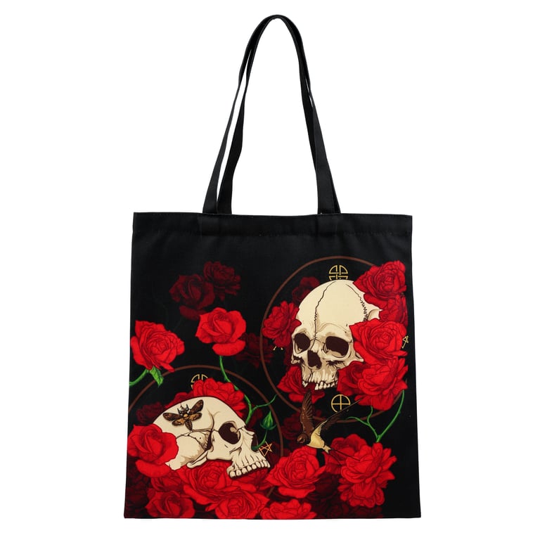 Skulls and Roses Polyester Reusable Tote Bag with Durable Polypropylene Handles