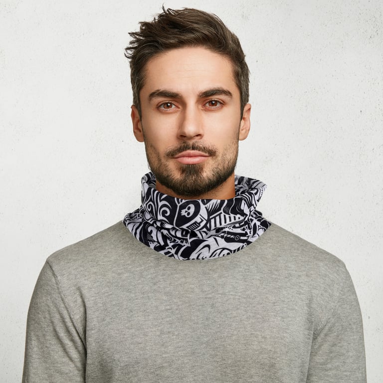 Neck Warmer Tube Scarf - Black & White Graffiti Polyester Wrap